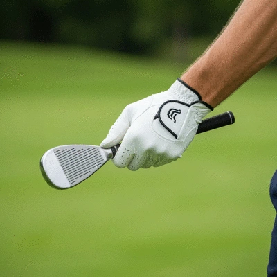Close-up of a golfer's hand wearing a golf glove, gripping a golf club, with a blurred golf course in the background, no text, no words, no typography, clean image