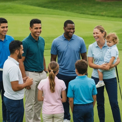 A diverse group of golfers and their families interacting positively at a golf community event, showing support and connection, no text, no words, no typography, clean image
