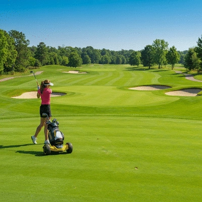 Robotic caddy following a golfer on a green golf course, bright sunny day