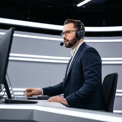 Professional sports commentator in a broadcast booth, with clear headphones and microphone, actively analyzing a game, modern studio setting, no text, no words, no typography, 8K