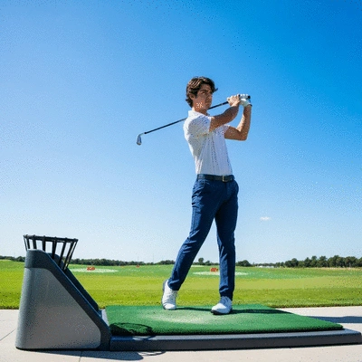 A golfer using a launch monitor to analyze their swing data, with graphic overlays