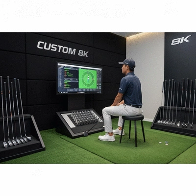 Golfer getting a professional golf driver fitting, with launch monitor data