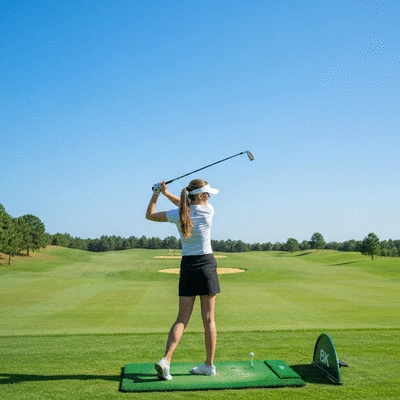 Golfer practicing swing on a driving range, focused and calm, clear sky, lush green grass, high-resolution lifestyle image