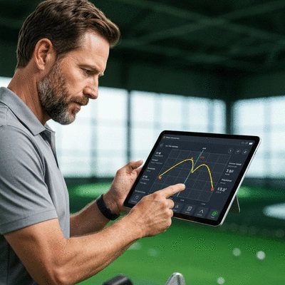 Golfer analyzing swing data on a tablet with AI-powered software