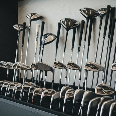 Variety of modern golf clubs displayed neatly in a pro shop, clean background