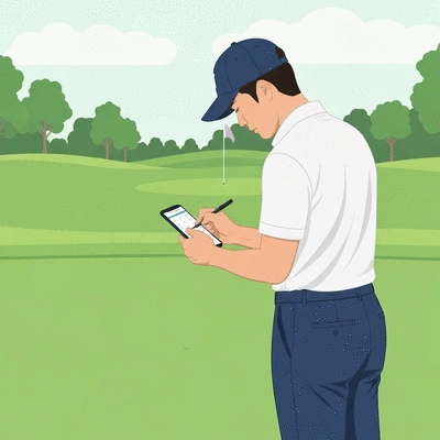 A golfer meticulously tracking their progress on a scorecard or digital device, illustrating mindful repetition and goal setting during practice, no text, no words, no typography, clean image