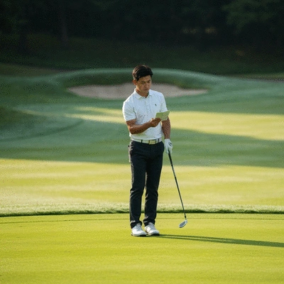 Golfer standing on a green, looking at their scorecard, no text, no words, no typography, clean image