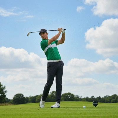 Golfer on a course wearing modern, performance-enhancing apparel, clear skies