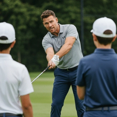 Former athlete coaching a youth team, demonstrating a technique, with a focused and encouraging expression, outdoor sports field, no text, no words, no typography, 8K