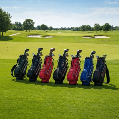 Different types of golf bags lined up on a golf course, such as cart bags, stand bags, and carry bags, clear sunny day