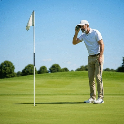 Golfer using a laser rangefinder on a golf course