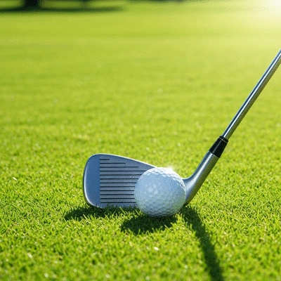 Close-up of a golf club hitting a golf ball on a lush green course