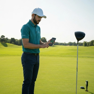 Golfer using a golf app on a smartphone to track a shot, with a golf course in the background. No text, no words, no typography, no labels, clean image.