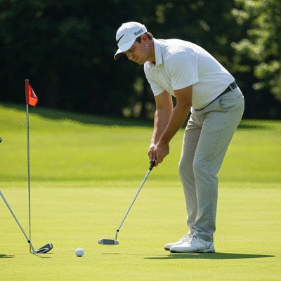 A golfer on a green, eyes closed, visualizing a perfect putt, with golf clubs and a ball in the foreground