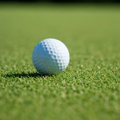 Golf iron club head making clean contact with a golf ball on a green course