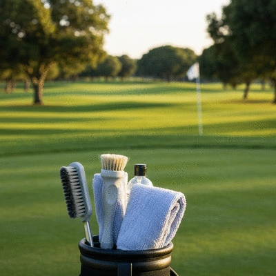 Golf club cleaning kit with brush, towel, and cleaning solution