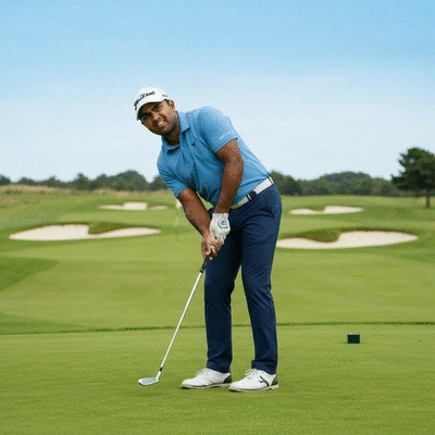 Golfer adapting to windy conditions, adjusting stance on a course, no text, no words, no typography, clean image