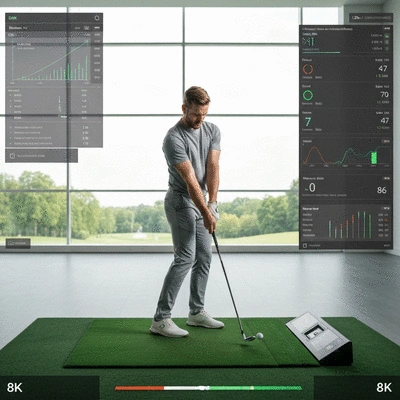 Professional golfer practicing a swing in a modern indoor golf simulator, wearing activewear, focusing on technique, with data overlays, no text, no words, no typography, clean image