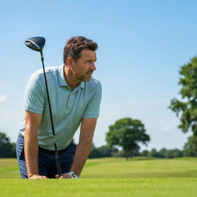 Golfer looking at the golf course, planning his next shot, with a focused expression