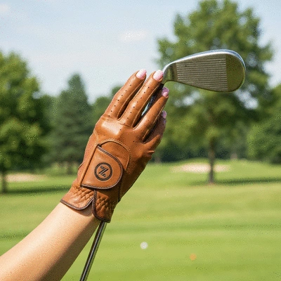 Hand wearing a premium leather golf glove gripping a golf club, with a blurred golf course in the background. Focus on the texture and fit of the glove.
