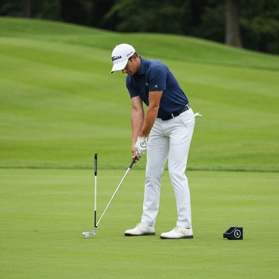 A golfer practicing alignment with alignment sticks on a green, showing proper body and clubface orientation, no text, no words, no typography, clean image