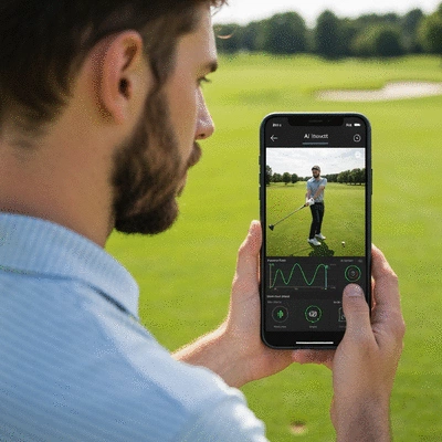 Golfer using an AI golf swing analysis tool on a smartphone, displaying data overlayed on a swing video