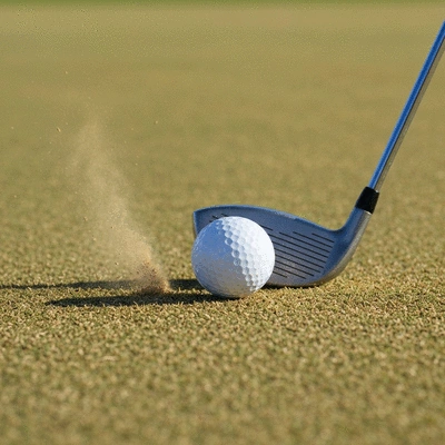 Golf ball on a dry, hard fairway with a golf club nearby, showing dust, no text, no words, no typography, clean image