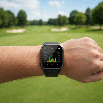 Close-up of a golfer's wrist wearing a sleek golf tech smartwatch, displaying swing data on its screen, with a golf course in the blurred background. No text, no words, no typography, no labels, clean image.
