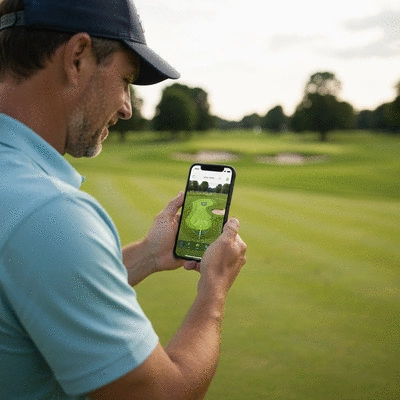 Golfer using an AR golf app on a smartphone to view course information overlayed on a real golf course