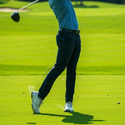 Golfer mid-swing, focusing on hip rotation