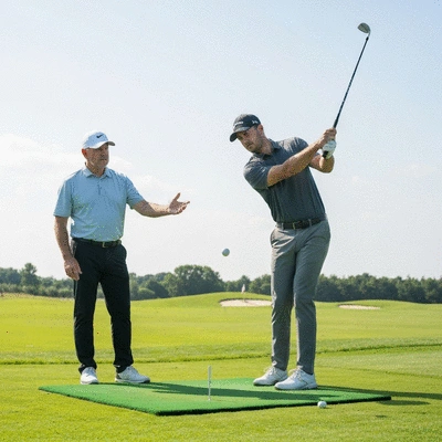 Golfer testing different golf irons on a driving range with an instructor