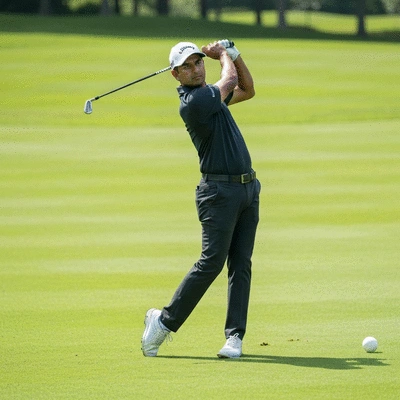 Professional golfer demonstrating a consistent golf swing plane on a green, viewed from behind, with a focus on body alignment and club path
