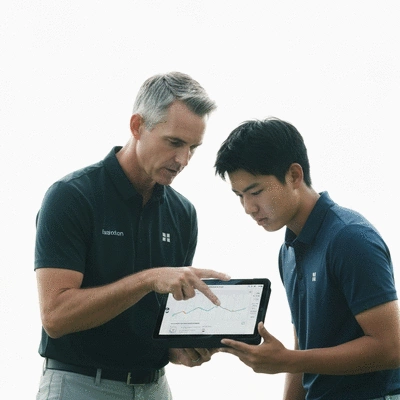 Golf coach and player reviewing performance data on a tablet during a training session