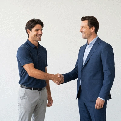 A golf professional shaking hands with a sponsor, symbolizing a successful endorsement deal