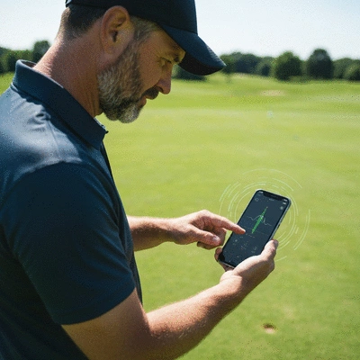 Golfer using an AI-powered swing analysis app on a smartphone on a green