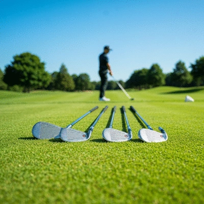 Smart golf clubs on a golf course with a golfer in the background, clean image