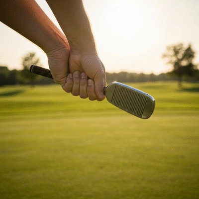 Close-up of a golfer's hands gripping a forged iron on a golf course