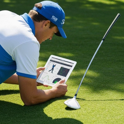 A golfer in athletic wear looking at a tablet displaying golf swing analysis data, with a golf club next to them. No text, no words, no typography, no labels, clean image.