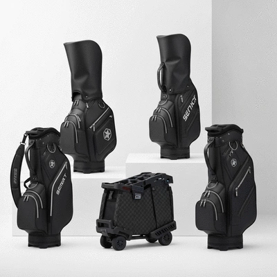 A collection of different golf bags (stand, cart, carry) in a clean studio setting, showcasing their unique features