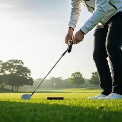 Close-up of a golfer cleaning a golf club on the course