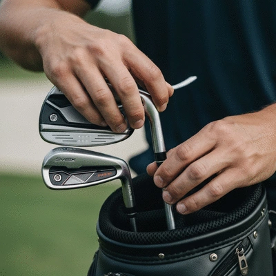 Close-up of a golfer's hands selecting a high-tech golf club from a bag, modern design, clean background, no text, no words, no typography, clean image