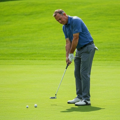 Golfer demonstrating proper putting technique on a green
