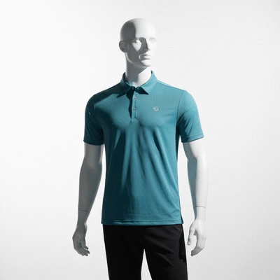 Modern golf shirt with moisture-wicking technology on a mannequin, clean background