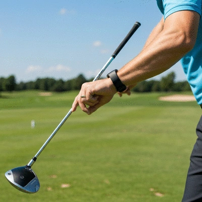Golfer using a wearable fitness tracker and smart golf club on a green