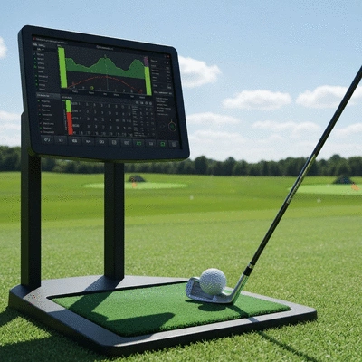 Golf launch monitor displaying data on a practice range