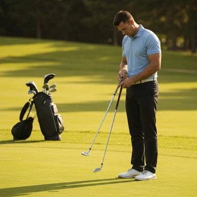 Professional golfer inspecting custom-fitted golf clubs on a pristine golf course