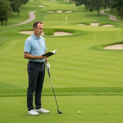 Golfer on a course planning their shot with a yardage book, no text, no words, no typography, clean image